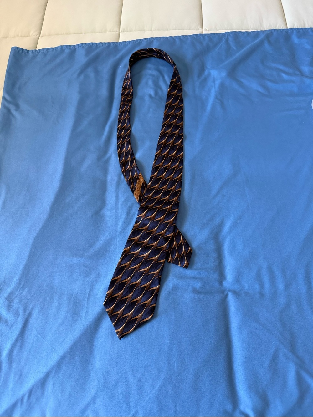 Men's Navy and Brown Geometric Silk Tie. Stained resistant. Handcrafted in USA.